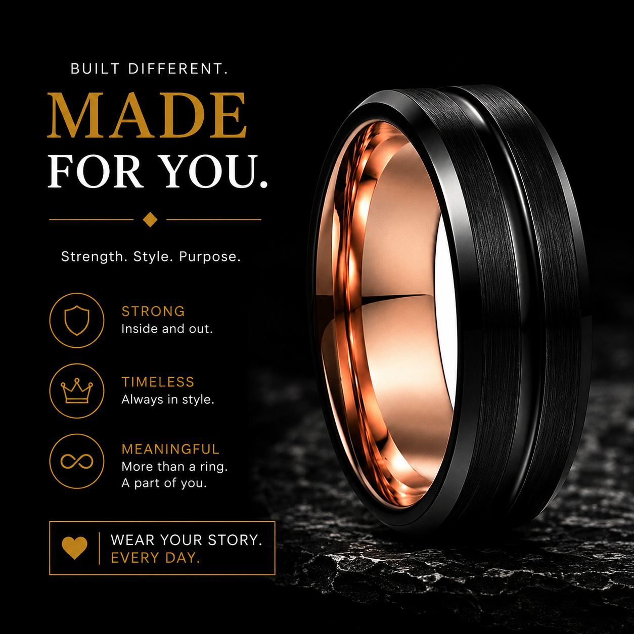 Black and Rose Gold Tungsten Ring