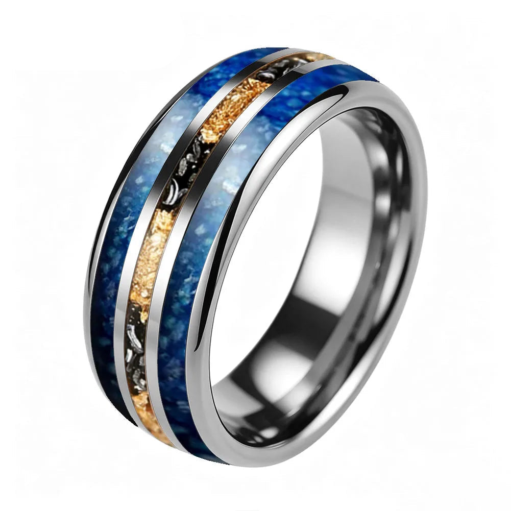 8mm Blue Glass Stone Meteorite Tungsten Ring