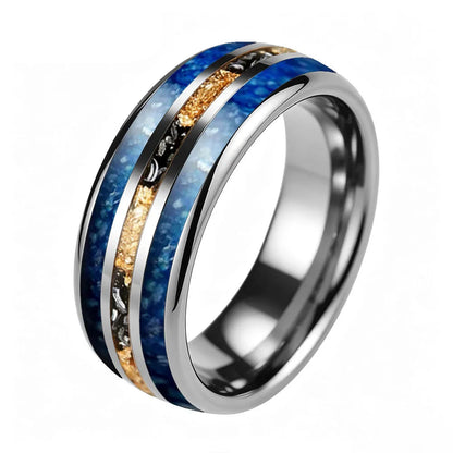 8mm Blue Glass Stone Meteorite Tungsten Ring