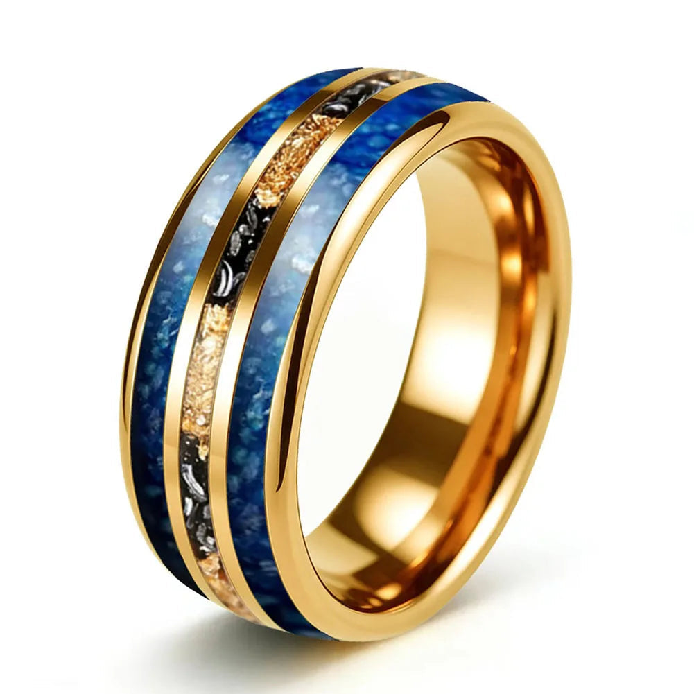 8mm Blue Glass Stone Meteorite Tungsten Ring