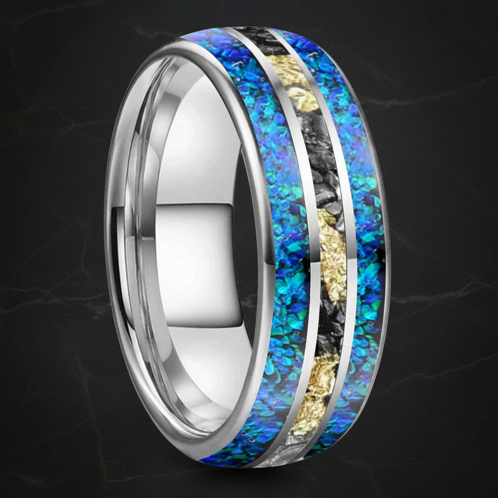 8mm Blue Opal Meteorite Tungsten Ring