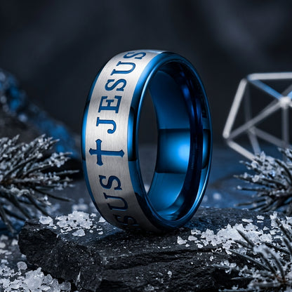 Blue Tungsten Cross Ring