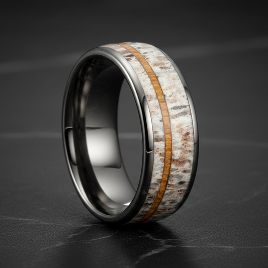 8mm Domed Tungsten Ring with Real Deer Antler Wood