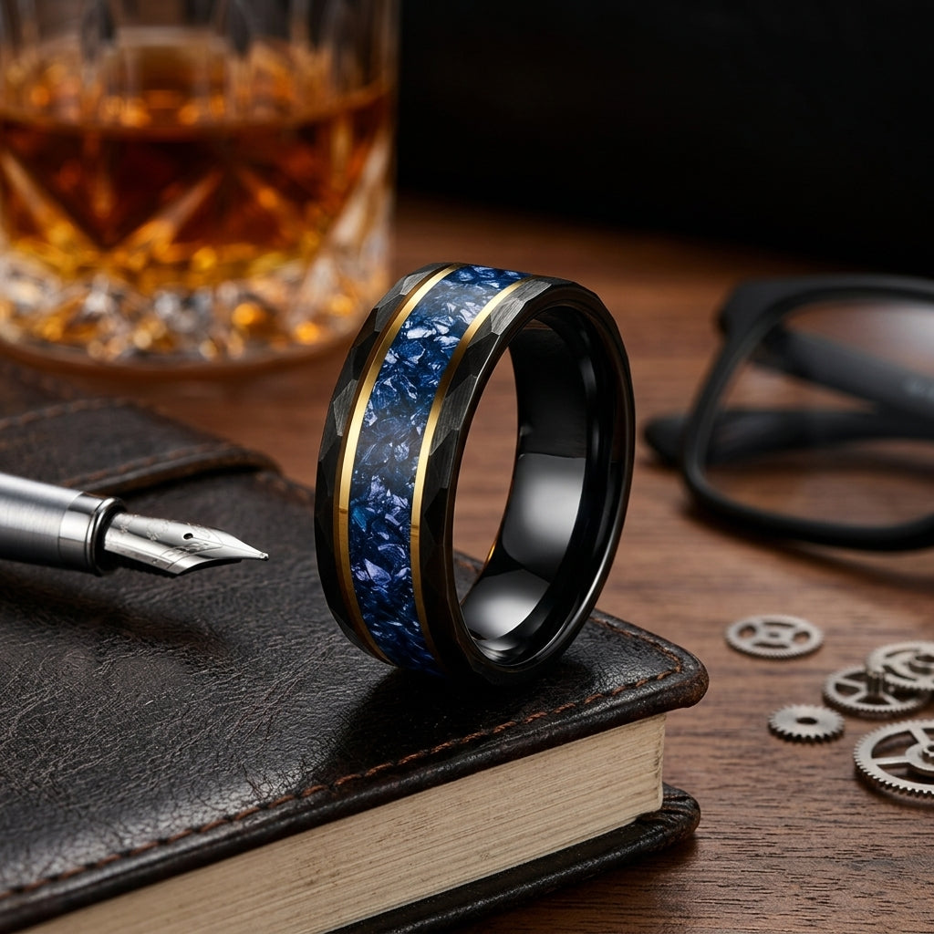 Hammered Tungsten Ring with Blue Crystal Inlay
