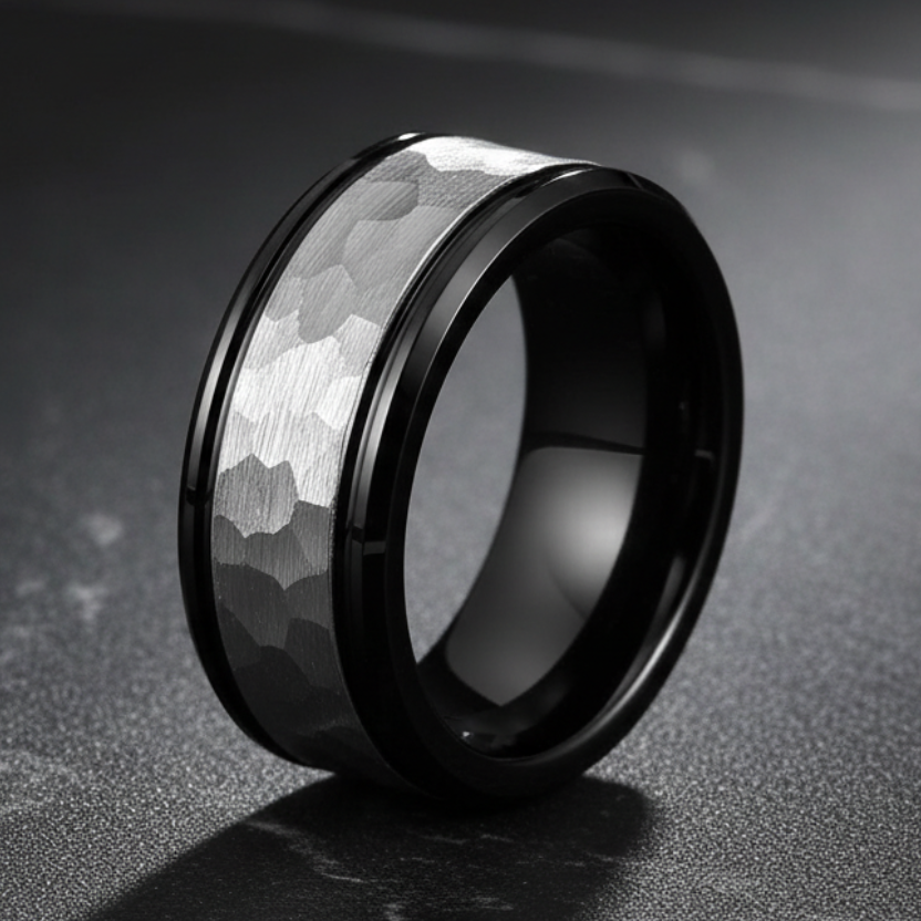 8mm Hammered Tungsten Mens Ring