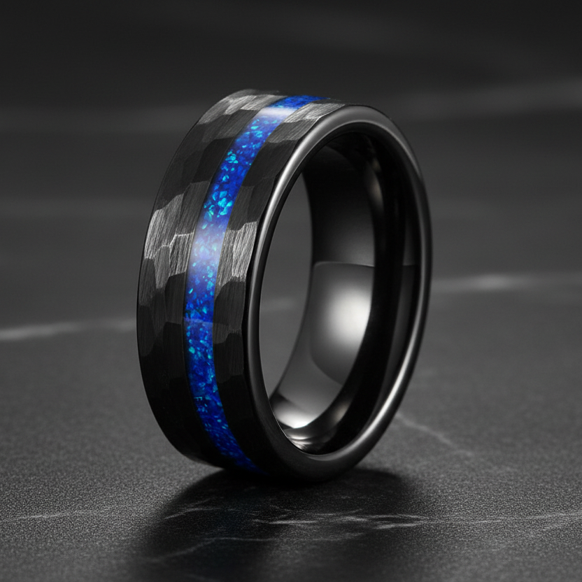 8mm Hammered Tungsten Ring – Opal Inlay