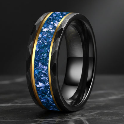 Hammered Tungsten Ring with Blue Crystal Inlay