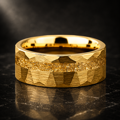 Hammered Tungsten Ring with Gold Foil Offset Groove Inlay