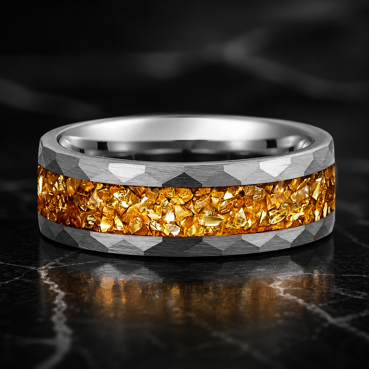 Hammered Tungsten Ring with Golden Crystal Stone Inlay