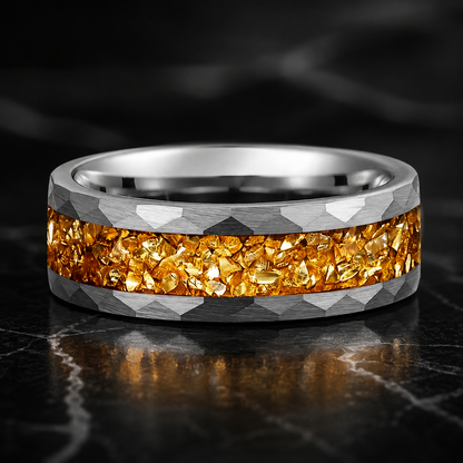 Hammered Tungsten Ring with Golden Crystal Stone Inlay