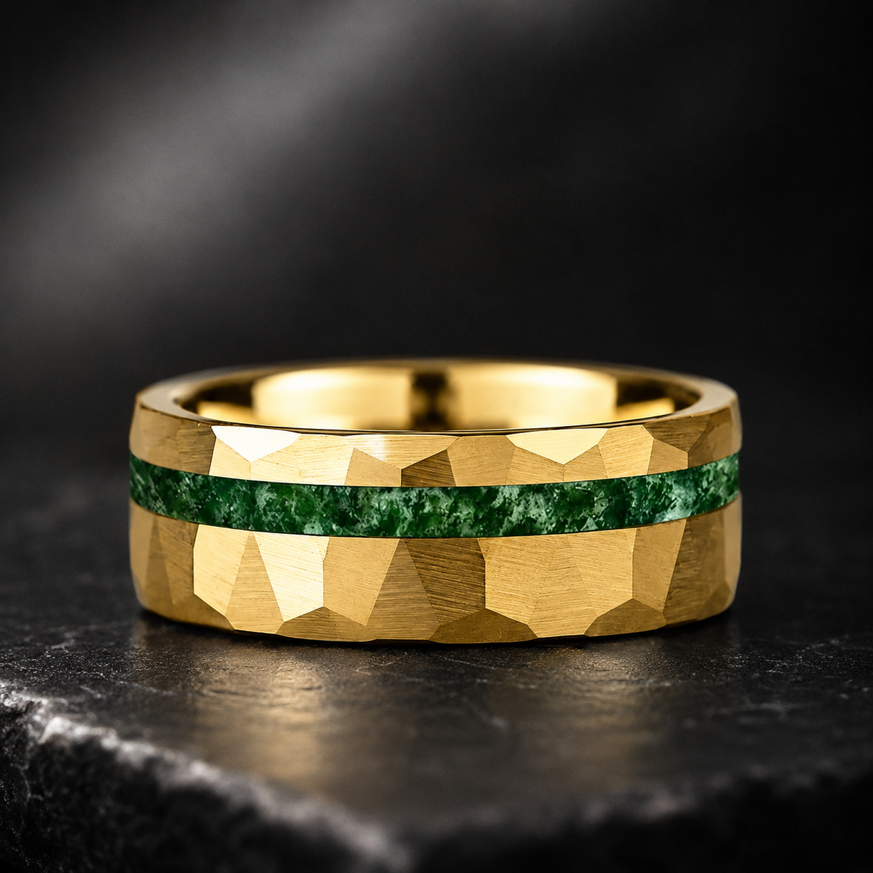 Hammered Tungsten Ring with Green Moss Agate Inlay