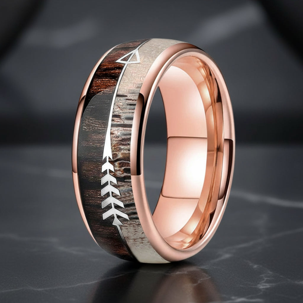 8mm Koa Wood, Zebra Wood & Antler Tungsten Ring