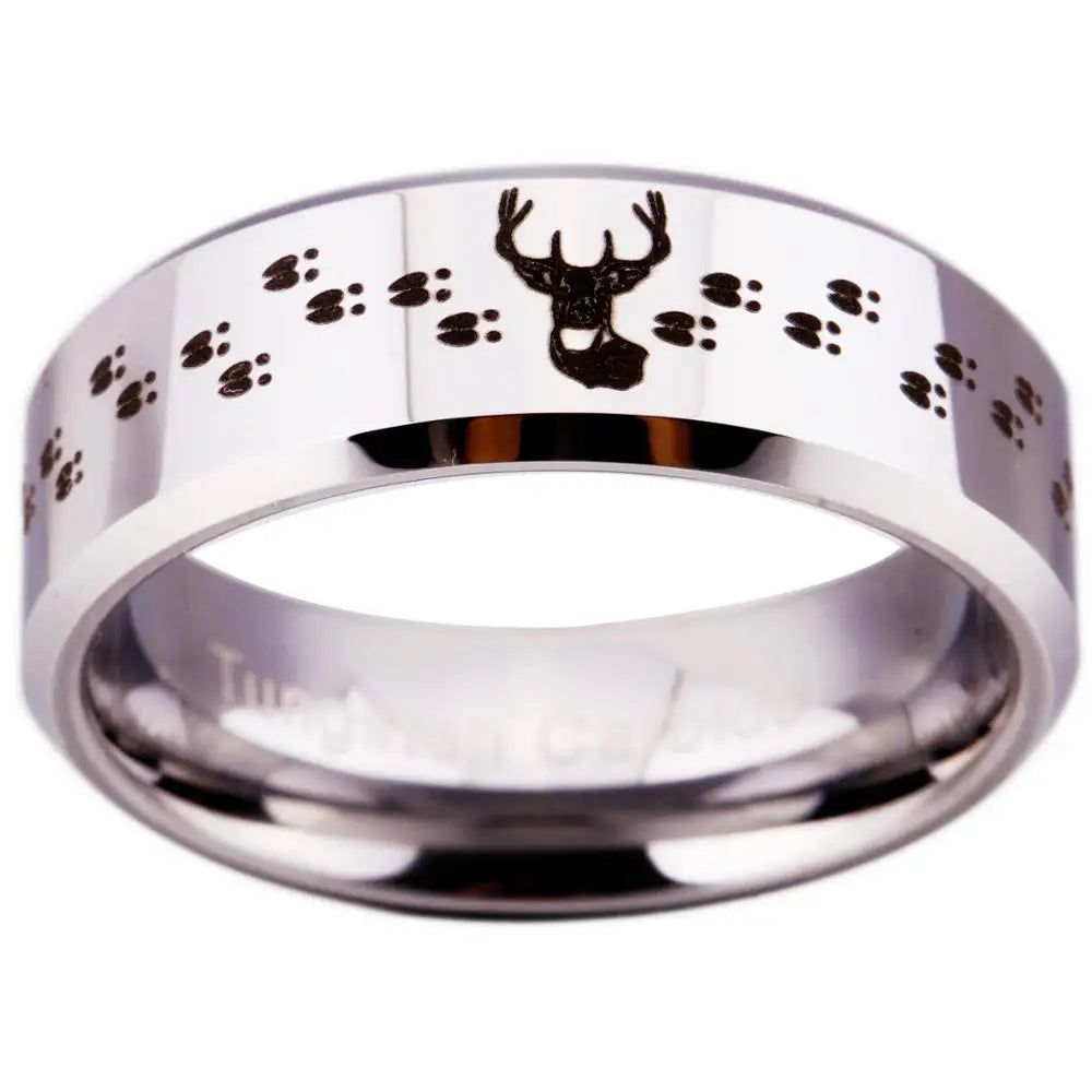 “8mm Men’s Tungsten Ring – Buck & Deer Tracks Design”