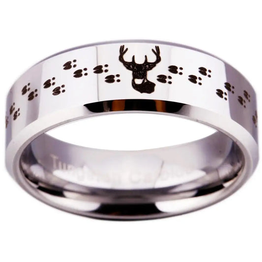 “8mm Men’s Tungsten Ring – Buck & Deer Tracks Design”