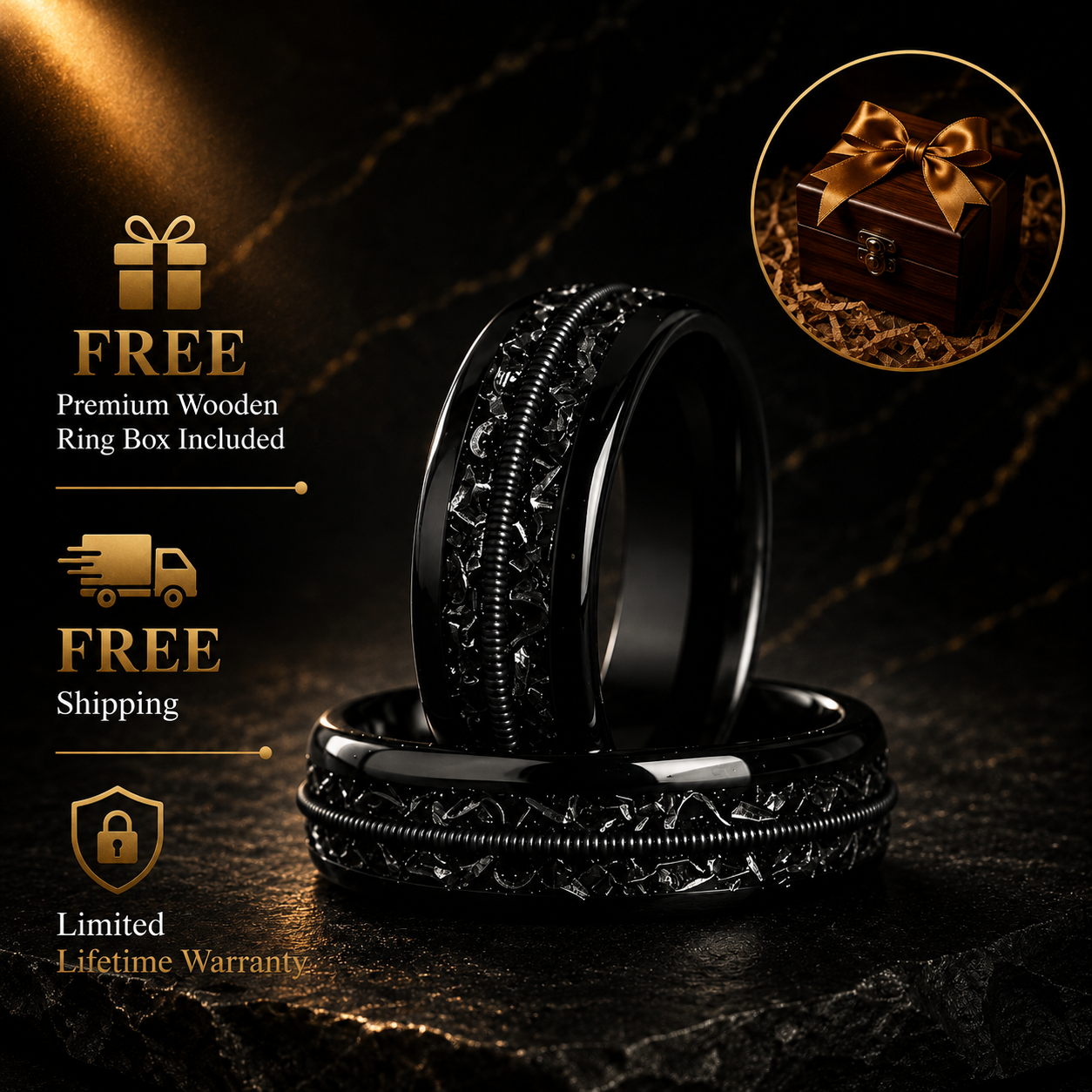 Meteorite and Guitar String Tungsten Ring