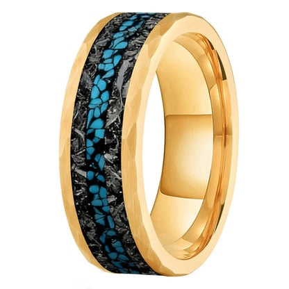 Meteorite and Opal Chip Inlay Hammered Tungsten Carbide Ring