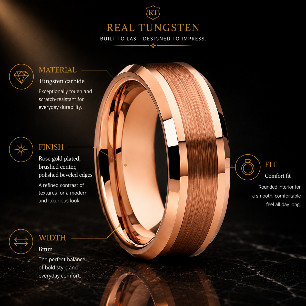8mm-Rose Gold Plated Tungsten Ring