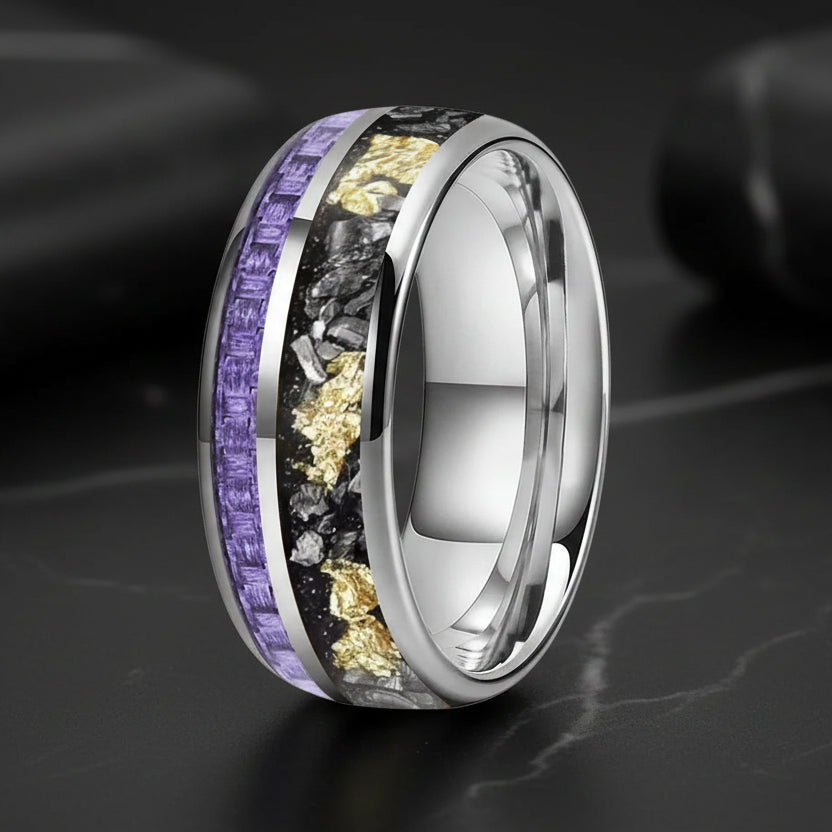 8mm Tungsten Ring – Purple Carbon Fiber, Meteorite & Gold Foil
