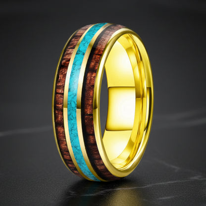 8mm-Tungsten Ring – Turquoise & Koa Wood Inlay.