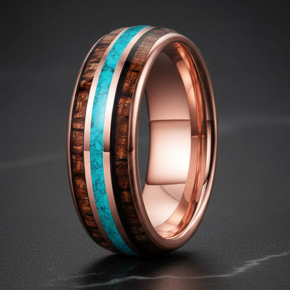 8mm-Tungsten Ring – Turquoise & Koa Wood Inlay.