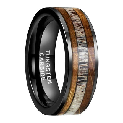8mm Tungsten Deer Antler Ring with Whiskey Barrel Wood Inlay