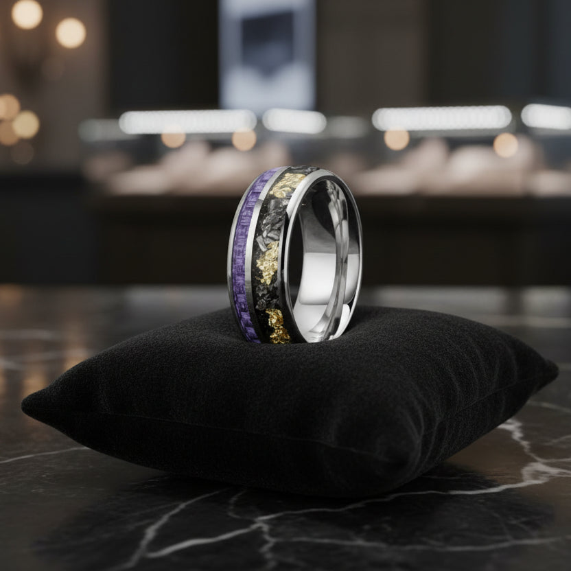 8mm Tungsten Ring – Purple Carbon Fiber, Meteorite & Gold Foil
