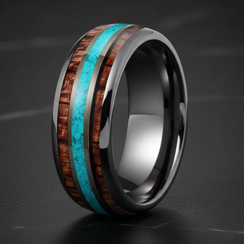 8mm-Tungsten Ring – Turquoise & Koa Wood Inlay.