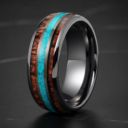 8mm-Tungsten Ring – Turquoise & Koa Wood Inlay.