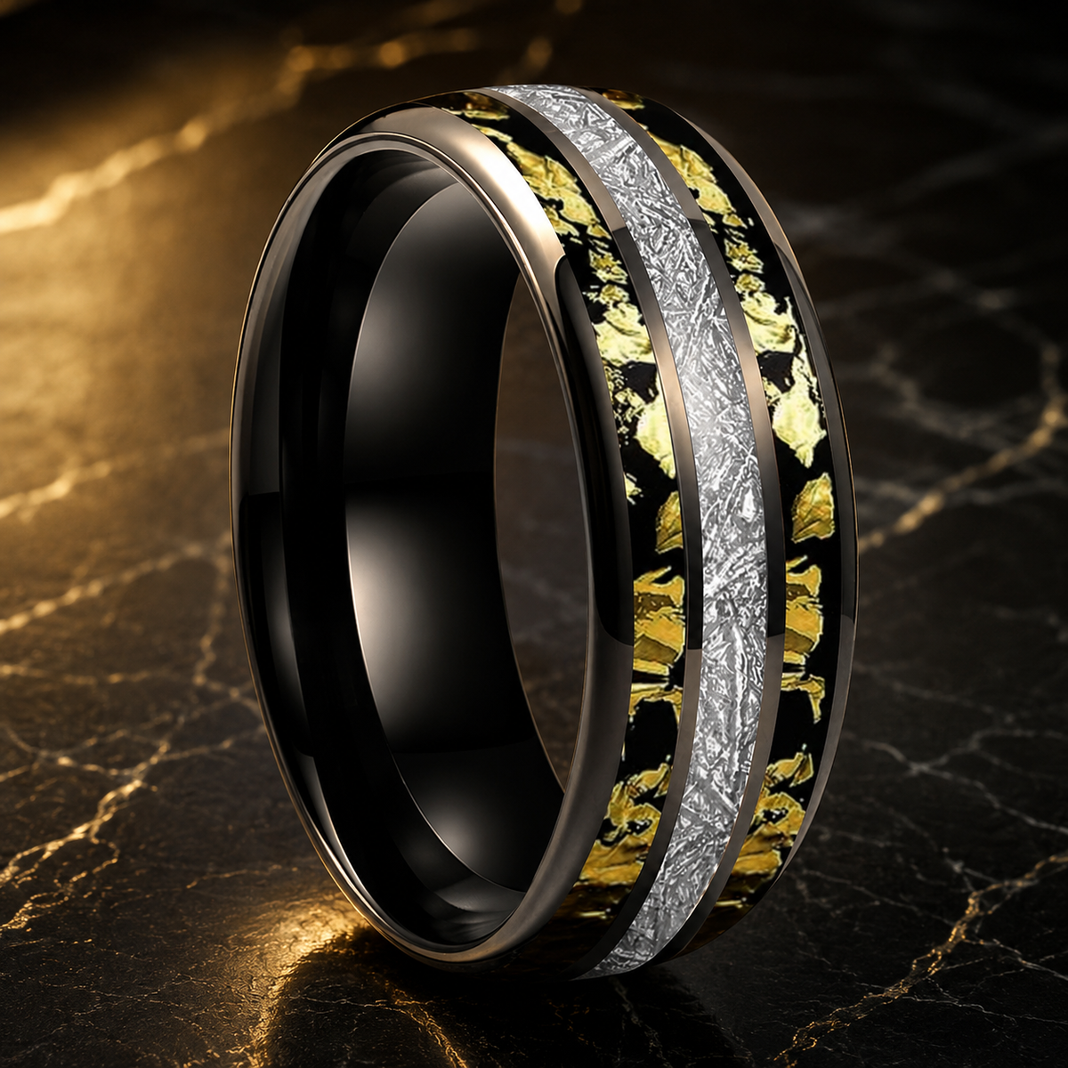 Tungsten Ring with Meteorite Gold Foil Inlay