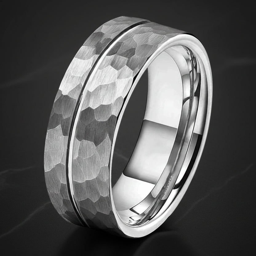 8mm Grooved Hammered Tungsten Ring