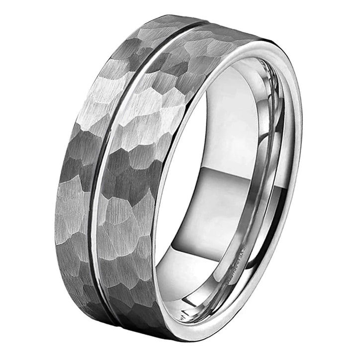 8mm Grooved Hammered Tungsten Ring