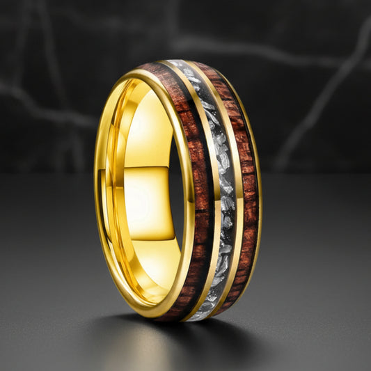 8mm Tungsten Carbide Ring – Koa Wood & Meteorite Inlay
