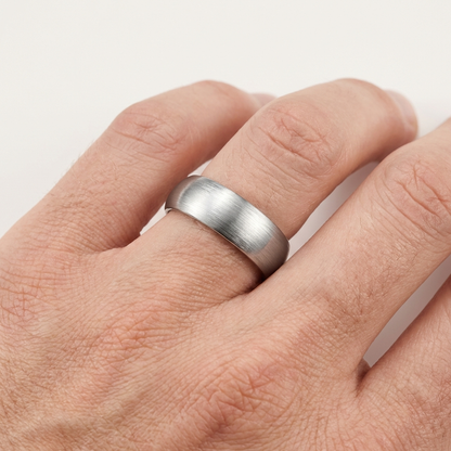 brushed silver tungsten wedding band with domed profile