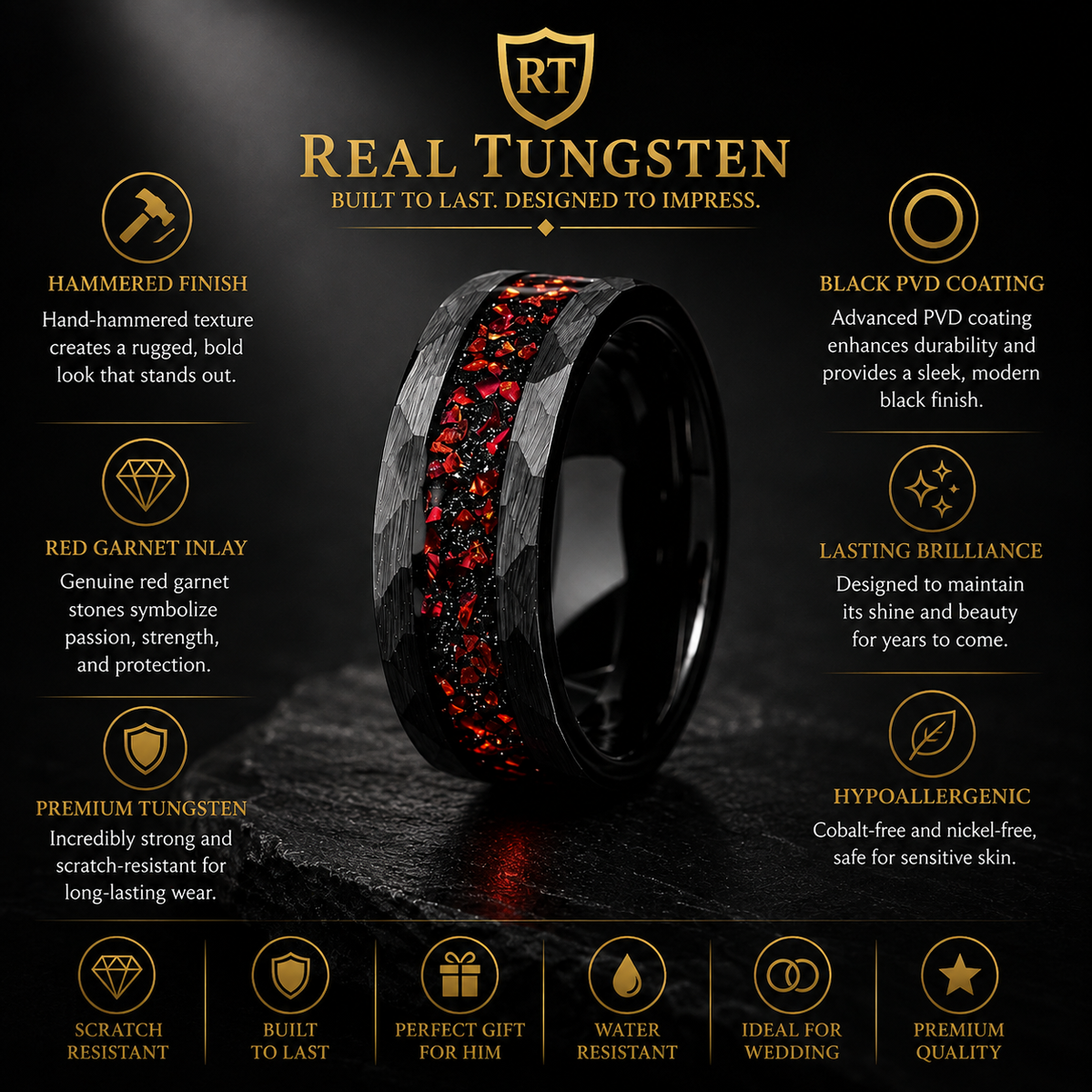 Hammered Black Tungsten Ring with Red Garnet