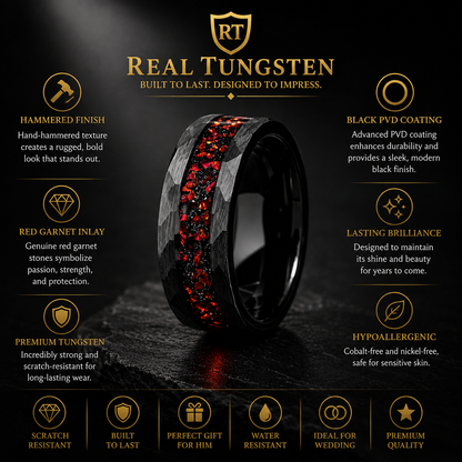 Hammered Black Tungsten Ring with Red Garnet