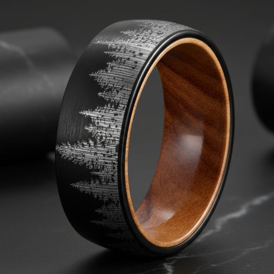 8mm Black Tungsten Forest Ring with Olive Wood Liner