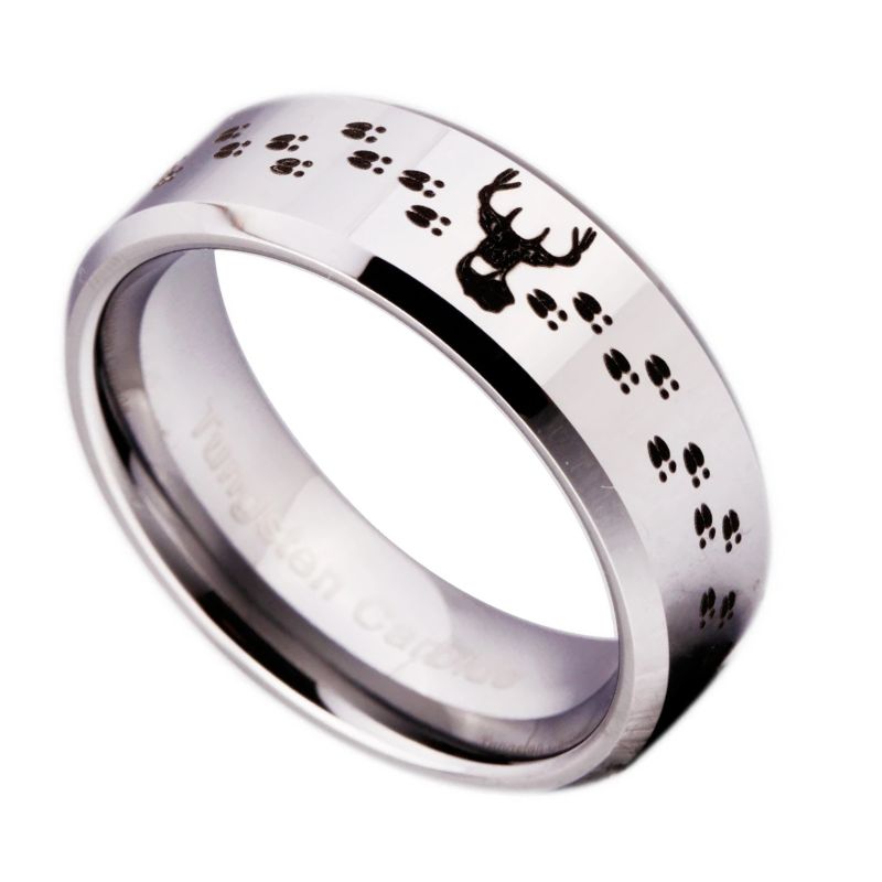 Silver ring with deer and paw print design
