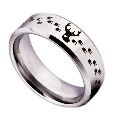 Silver ring with deer and paw print design
