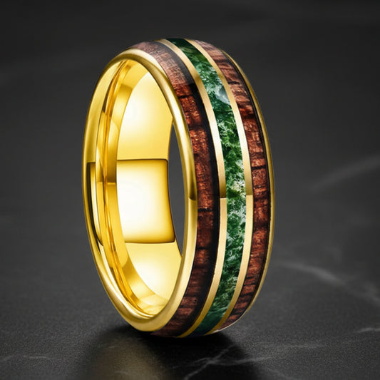 8mm Tungsten Ring with Koa Wood & Moss Agate Inlay