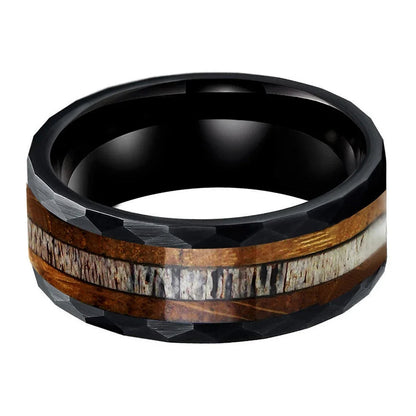 8mm Black Hammered Tungsten Ring with Deer Antler Inlay
