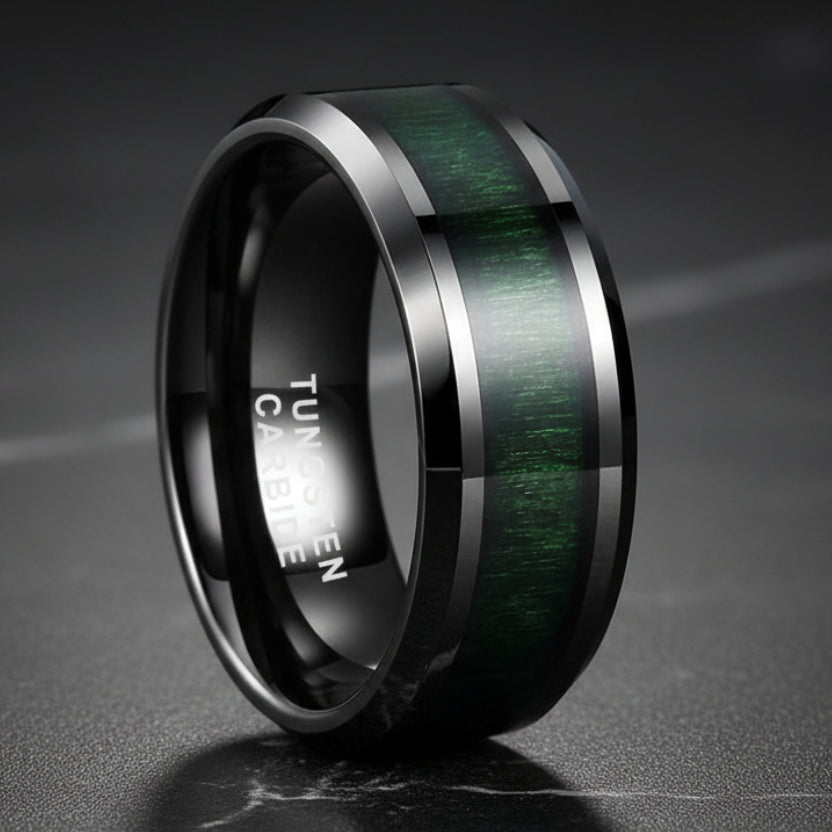 8mm Black Tungsten Ring with Green Wood Inlay