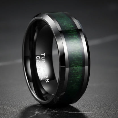 8mm Black Tungsten Ring with Green Wood Inlay