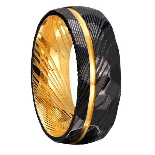 8mm Black Damascus Ring – Gold Groove Inlay