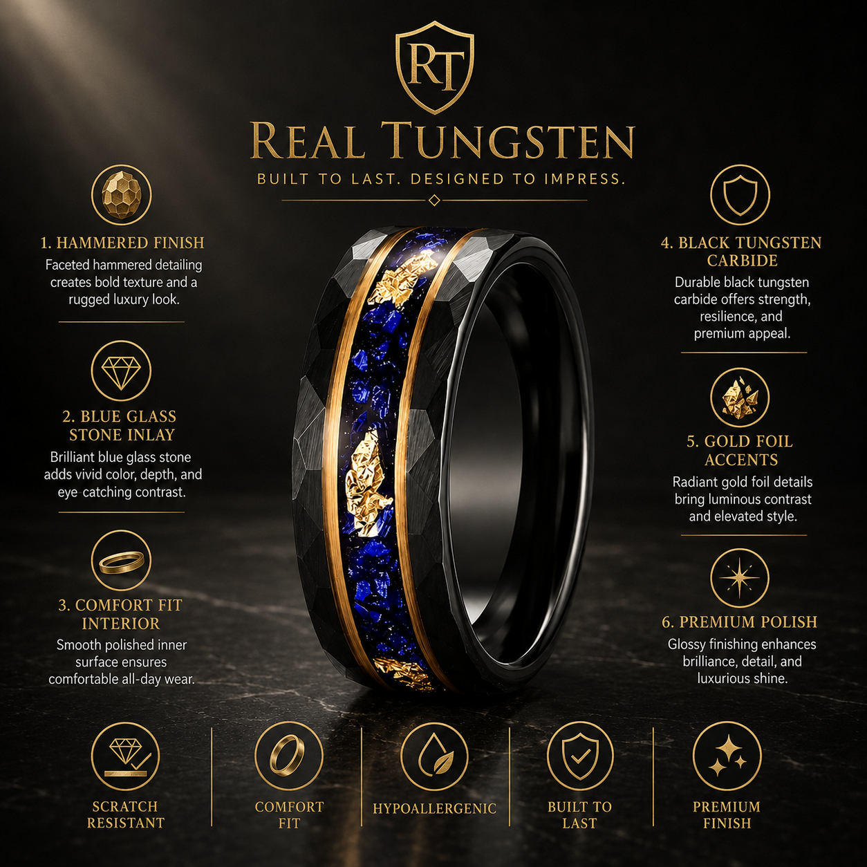 Black Hammered Tungsten Ring