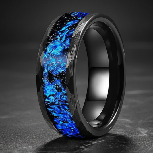 8mm Black Hammered Tungsten Ring – Blue Foil Inlay Wedding Band