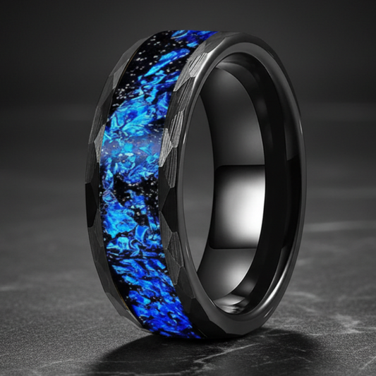 8mm Black Hammered Tungsten Ring – Blue Foil Inlay Wedding Band