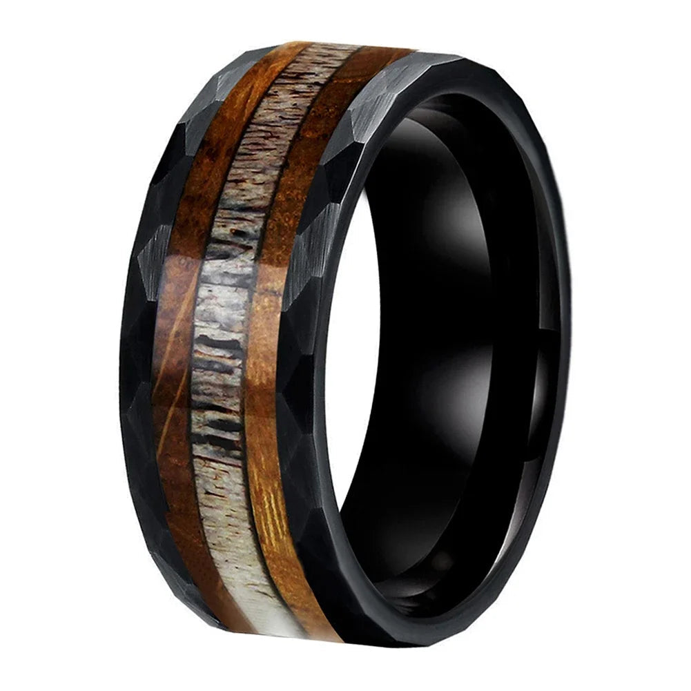 8mm Black Hammered Tungsten Ring with Deer Antler Inlay