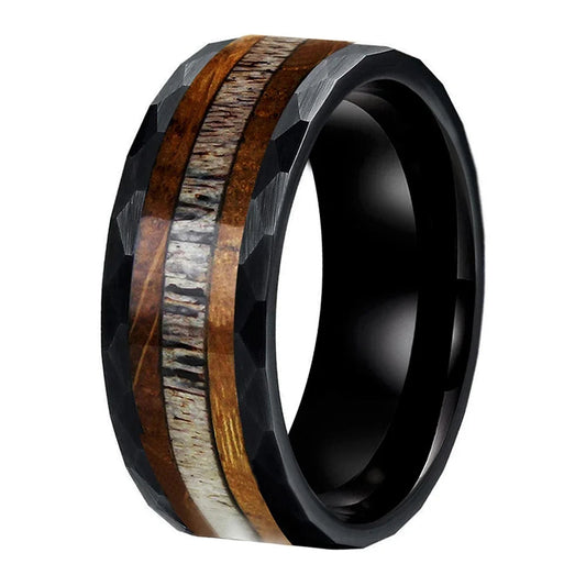 8mm Black Hammered Tungsten Ring with Deer Antler Inlay