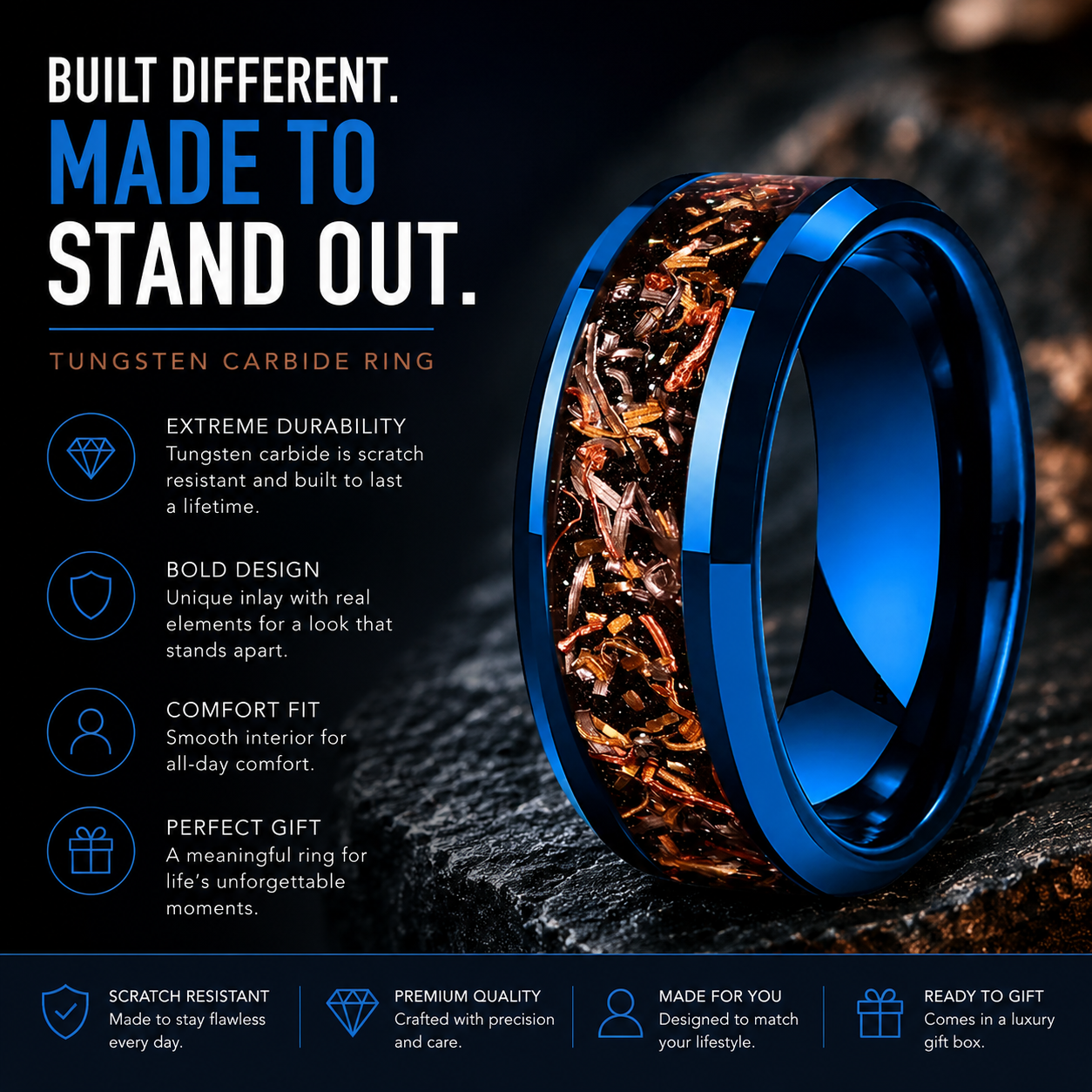 8mm Black Sand Copper Steel Foil Tungsten Ring