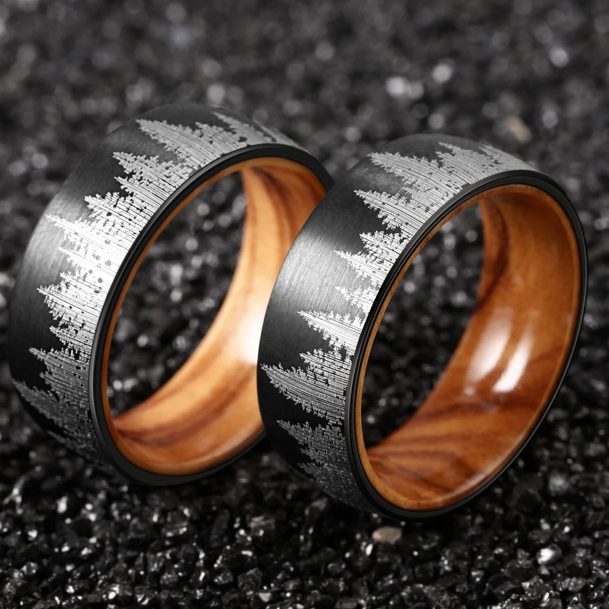 8mm Black Tungsten Forest Ring with Olive Wood Liner